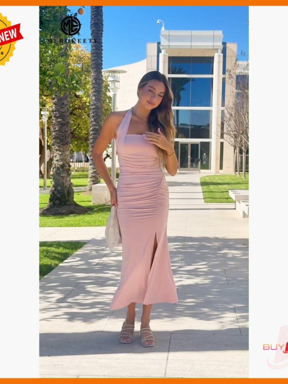 Sleeveless Halter Backless Maxi Dress Ruched Formal Cocktail Wedding Guest - Picture 7 of 7